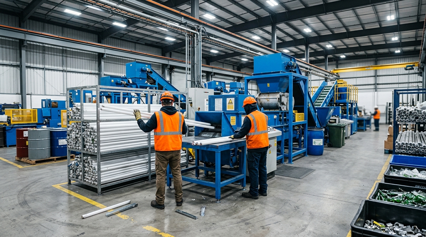 Workers at a certified e-waste and lamp recycling processing facility