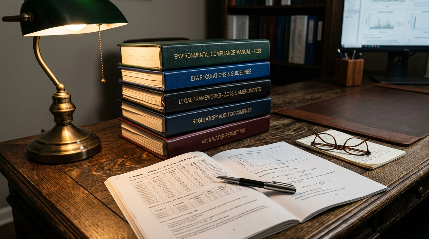 Compliance officer reviewing regulatory fact sheets at recycling facility