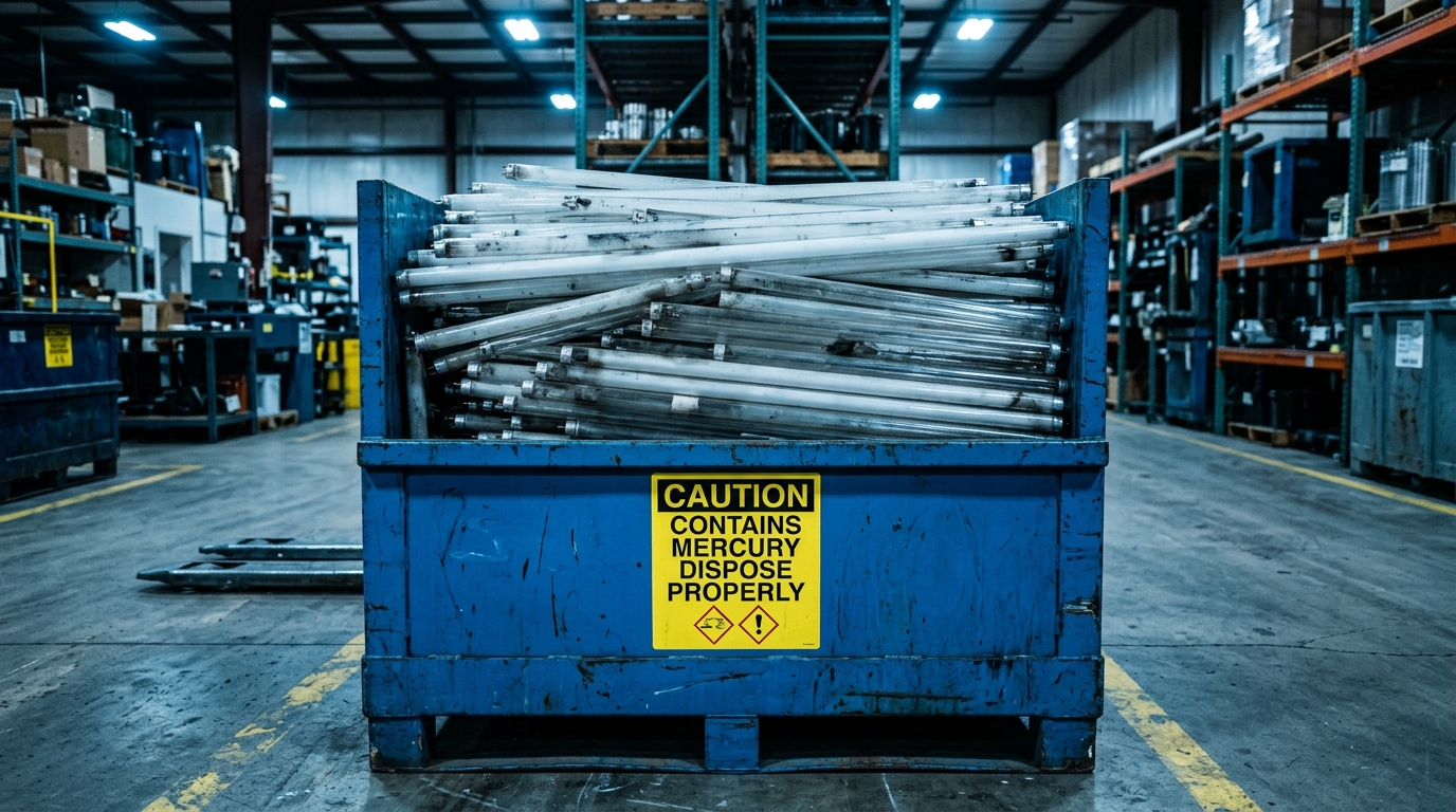 Fluorescent lamps in industrial recycling collection bin