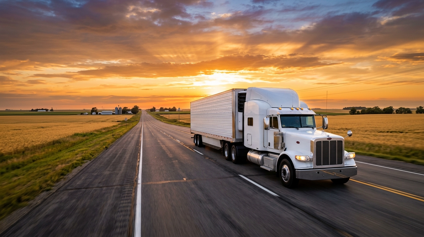 Interstate highway at dawn with semi truck heading across the US