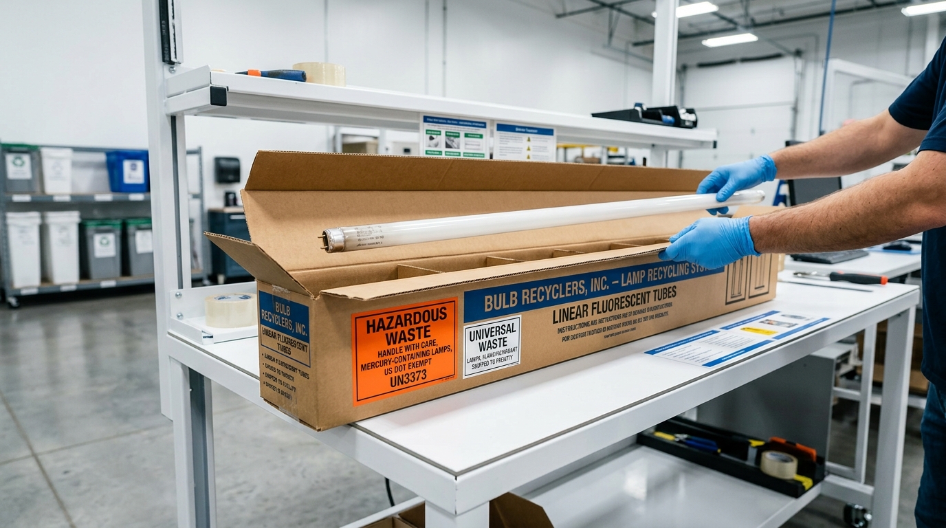 Gloved hand placing fluorescent lamp into prepaid recycling box