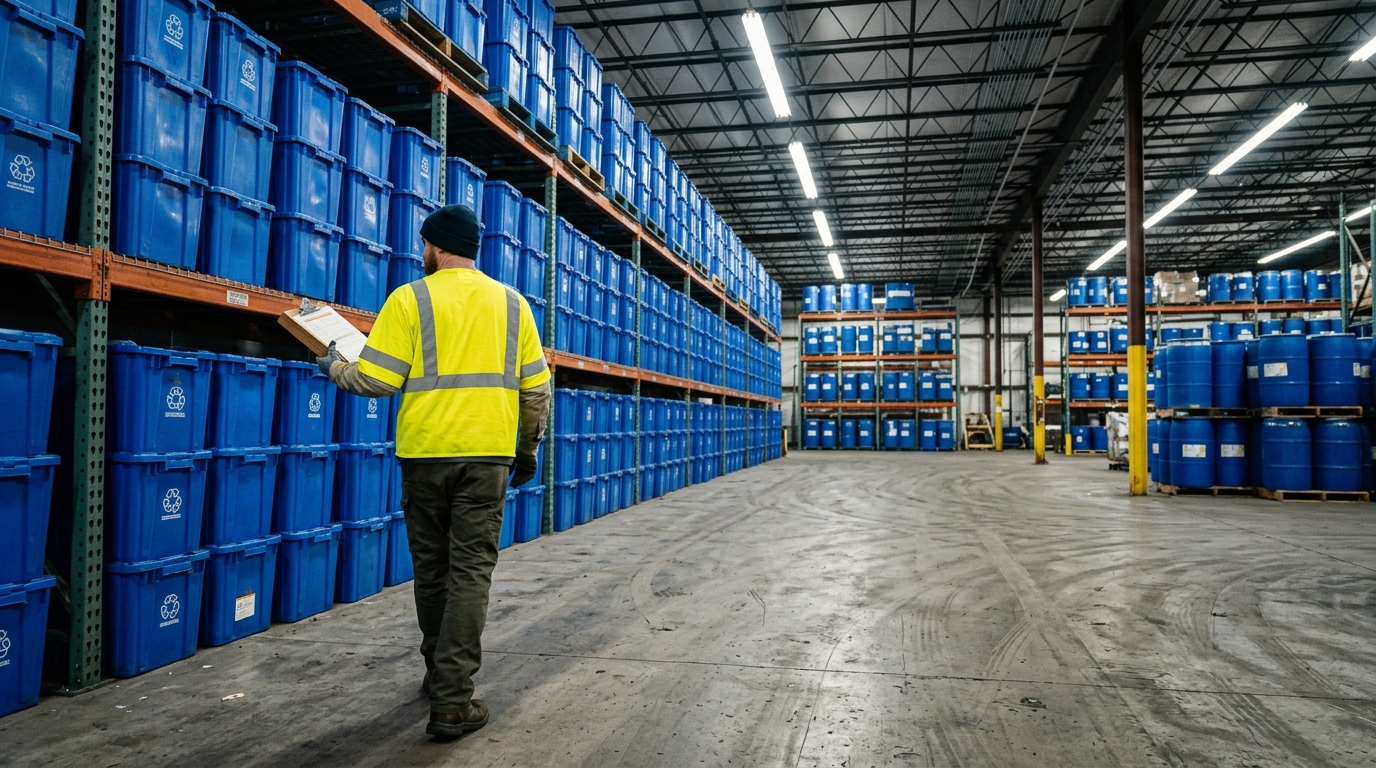 Worker reviewing pickup schedule at recycling facility