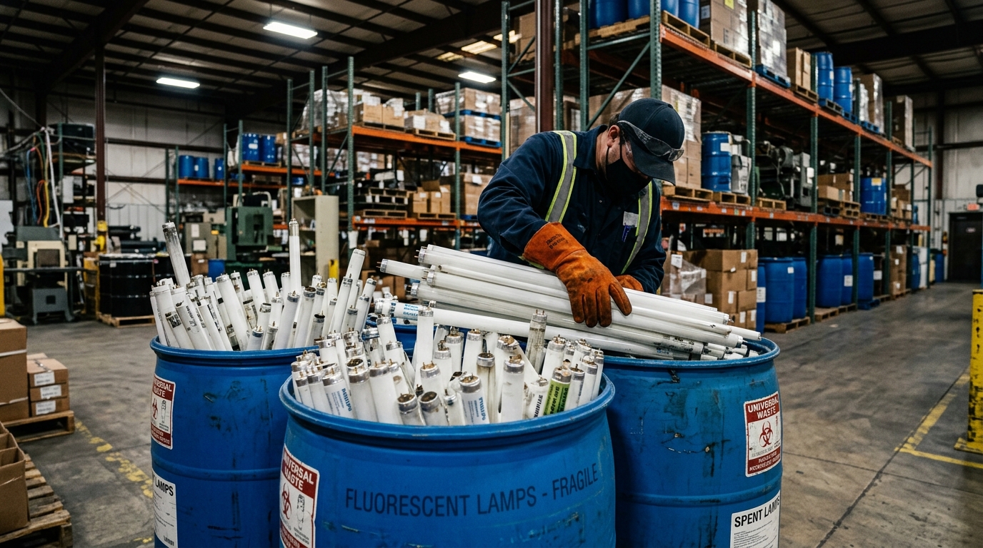 Worker sorting fluorescent lamps at recycling facility